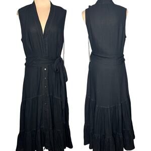 Nicole Miller Linen Blend Shirt Dress Large Womens Black Peasant Tiered V-Neck